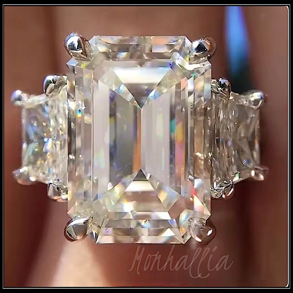 925 SILVER SQUARE CUT 9ct PRINCESS BAGUETTE EMERALD SIMULATED DIAMOND RING 8